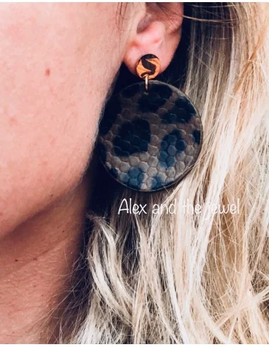 Κόσμημα σκουλαρίκια με δερμάτινο λεοπάρ σχέδιο και κούμπωμα καρφί σε ροζ χρυσό Jane