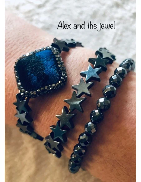 Χειροποίητο βραχιόλι με στοιχείο ρόμβο από pony skin και πέτρες μαρκασίτη, πέτρες Αιματίτη σε σχήμα αστέρι Nocturne