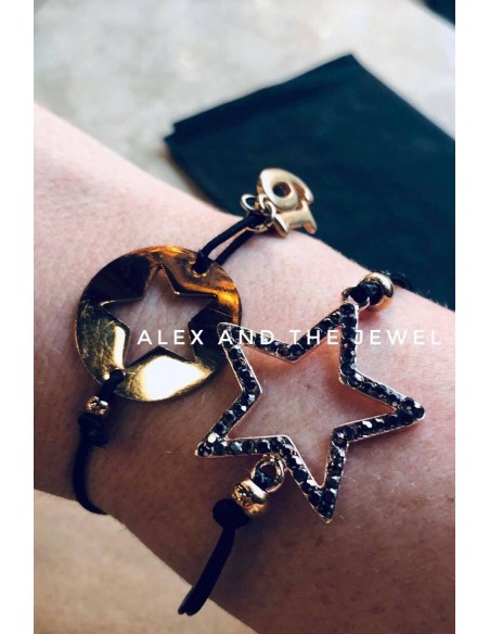 Χειροποίητο βραχιόλι με διάτρητο στοιχείο αστέρι με μαύρα ζιργκόν με αυξομείωση και επίχρυσα διακοσμητικά στοιχεία Starry night
