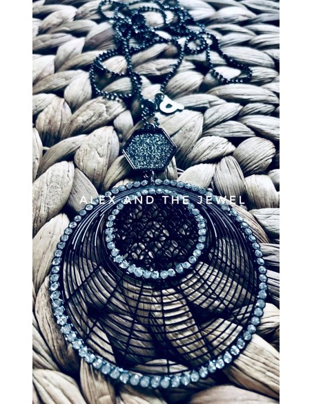 Κολιέ με στοχείο φιλιγκρί από ατσάλι και κρύσταλλα pave και πολύγωνο στοιχείο με γκρι γκλίτερ, δεμένα σε γκρί αλυσίδα Epidavros