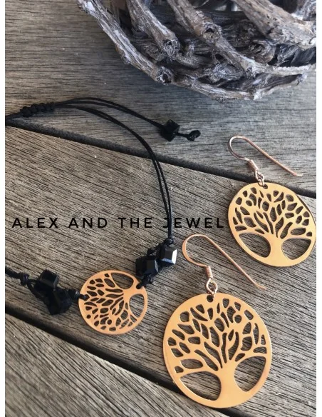 Γυναικεία κρεμαστά ατσάλινα σκουλαρίκια σε ροζ χρυσό Life tree