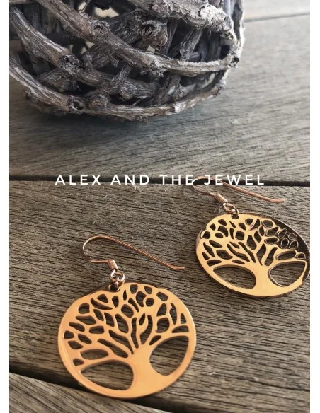 Γυναικεία κρεμαστά ατσάλινα σκουλαρίκια σε ροζ χρυσό Life tree