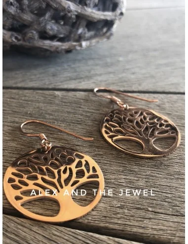Γυναικεία κρεμαστά ατσάλινα σκουλαρίκια σε ροζ χρυσό Life tree