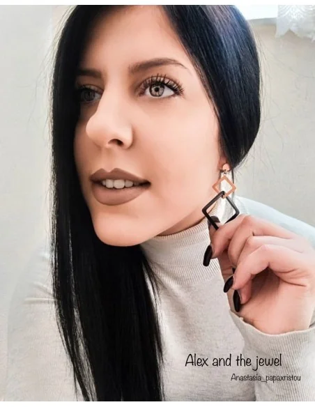 Κόσμημα σκουλαρίκια με τετράγωνα στοιχεία από ατσάλι σε ροζ χρυσό και μαύρο γεωμετρικά Square on the air