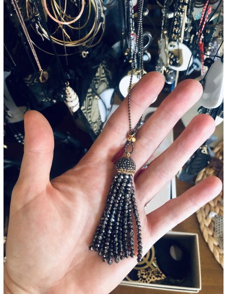 Χειροποίητο γυναικείο μακρύ κολιέ με φούντα από κρύσταλλα και πέτρες Μαρκασίτη δεμένο σε αλυσίδα διαμαντοκοπής  Crystal Rain