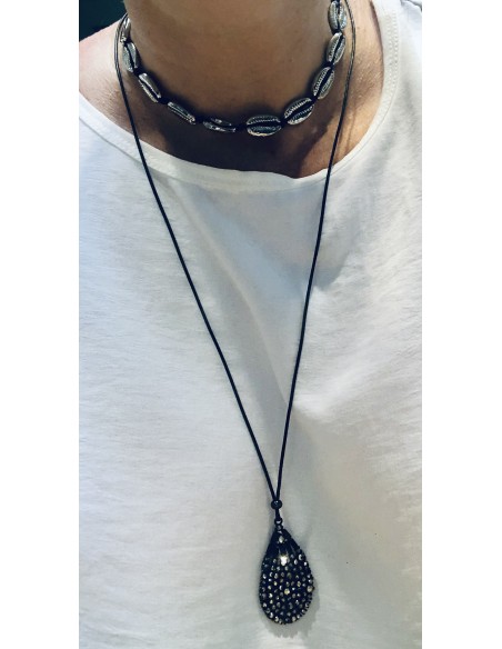Κόσμημα κολιέ με ασημί κοχύλια σε μαύρο κορδόνι Shells
