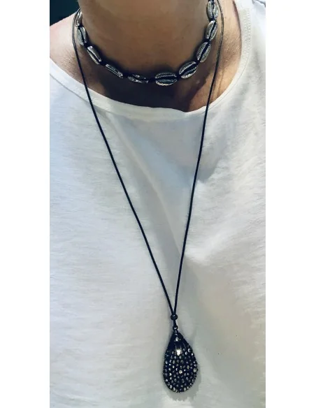 Κόσμημα κολιέ με ασημί κοχύλια σε μαύρο κορδόνι Shells