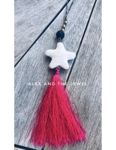 Χειροποίητο μακρύ κόσμημα κολιέ με λευκή Λάβα σε σχέδιο αστερία, μαύρη πέτρα Λάβας και πέτρες Αιματίτη στο κορδόνι Starfish