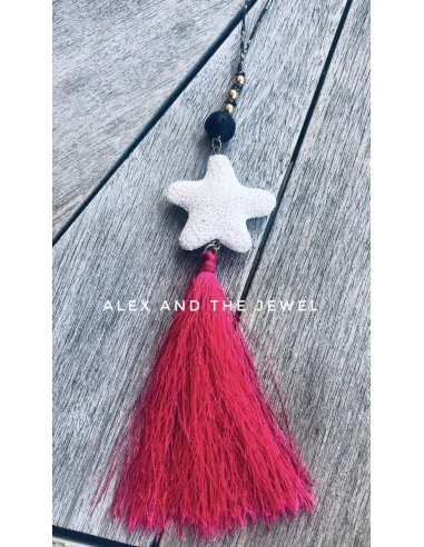 Χειροποίητο μακρύ κόσμημα κολιέ με λευκή Λάβα σε σχέδιο αστερία, μαύρη πέτρα Λάβας και πέτρες Αιματίτη στο κορδόνι Starfish