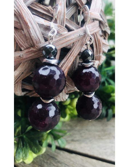 Κόσμημα σκουλαρίκια από πέτρες Αχάτη σε μπορντώ χρώμα, πέτρες αιματίτη σε ασημί χρώμα και γάντζους από ασήμι 925 Santorini