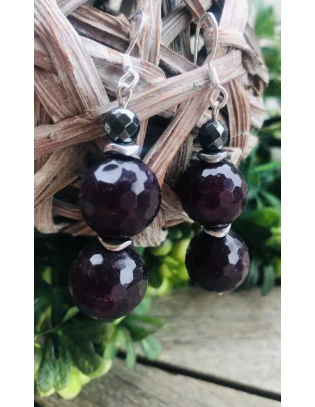 Κόσμημα σκουλαρίκια από πέτρες Αχάτη σε μπορντώ χρώμα, πέτρες αιματίτη σε ασημί χρώμα και γάντζους από ασήμι 925 Santorini