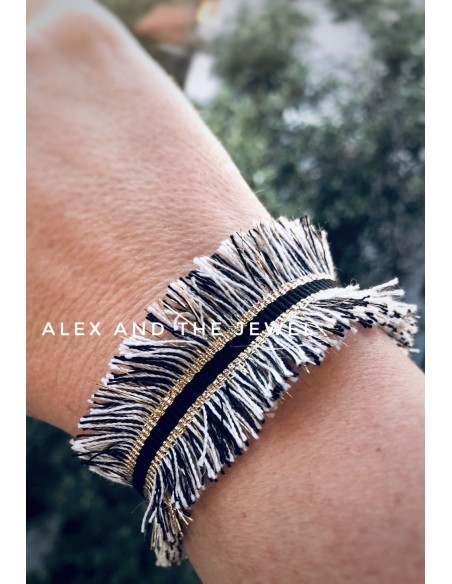 Χειροποίητο γυναικείο κόσμημα βραχιόλι από τρέσα με κρόσσια σε γκρι, μαύρο και χρυσό Kenya