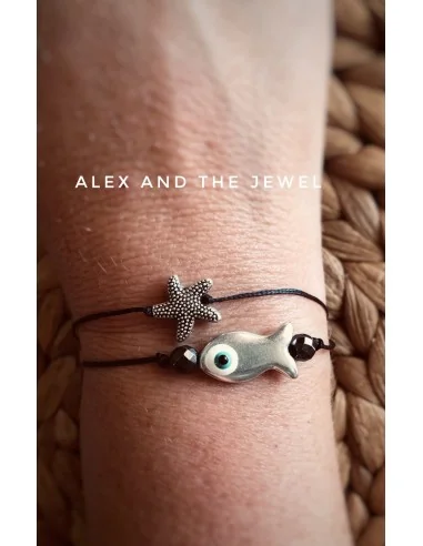 Χειροποίητο βραχιόλι με ασημί ψαράκι και αστερία σε κορδόνι Summer