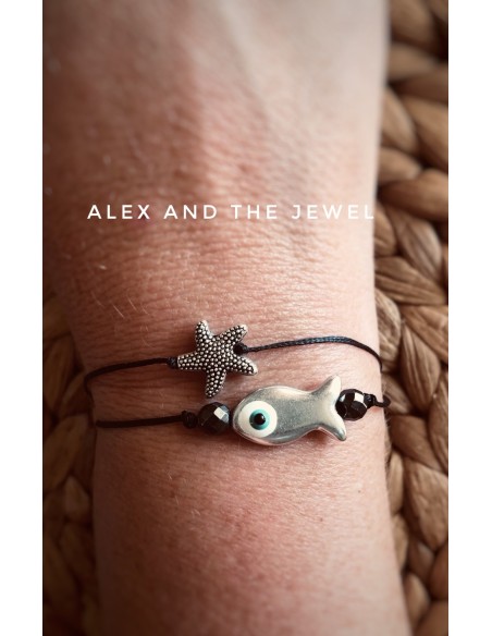 Χειροποίητο βραχιόλι με ασημί ψαράκι και αστερία σε κορδόνι Summer
