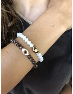 Σετ με δύο βραχιόλια με λευκά και μπρονζέ κρύσταλλα με κεντρικό στοιχείο μάτι σε λευκό ή καφέ σε μέταλλο Eye set 2