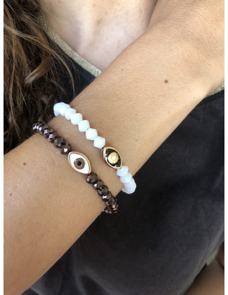 Σετ με δύο βραχιόλια με λευκά και μπρονζέ κρύσταλλα με κεντρικό στοιχείο μάτι σε λευκό ή καφέ σε μέταλλο Eye set