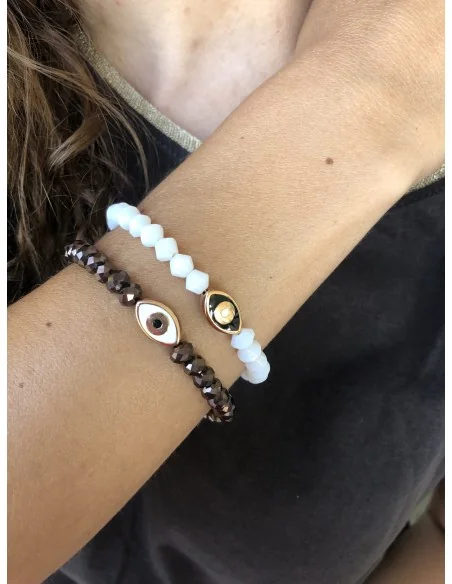 Σετ με δύο βραχιόλια με λευκά και μπρονζέ κρύσταλλα με κεντρικό στοιχείο μάτι σε λευκό ή καφέ σε μέταλλο Eye set