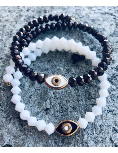 Σετ με δύο βραχιόλια με λευκά και μπρονζέ κρύσταλλα με κεντρικό στοιχείο μάτι σε λευκό ή καφέ σε μέταλλο Eye set