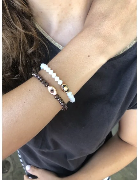 Σετ με δύο βραχιόλια με λευκά και μπρονζέ κρύσταλλα με κεντρικό στοιχείο μάτι σε λευκό ή καφέ σε μέταλλο Eye set