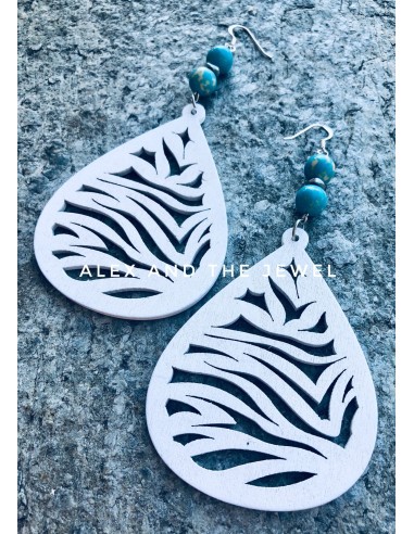 Κόσμημα σκουλαρίκια από ξύλινο λευκό στοιχείο με πέτρες αιματίτη με πέτρες τιρκουάζ Χαολίτη ή κόκκινο κοράλι Summer Madness