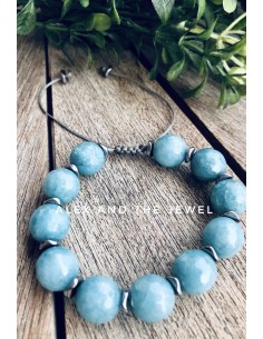 Χειροποίητο βραχιόλι με ημιπολύτιμες πέτρες Αχάτη σε τιρκουάζ ανοικτό και πέτρες αιματίτη σε ασημί Hawaii 2