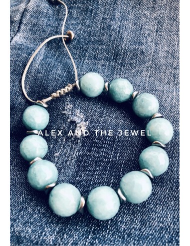 Χειροποίητο βραχιόλι με ημιπολύτιμες πέτρες Αχάτη σε τιρκουάζ ανοικτό και πέτρες αιματίτη σε ασημί Hawaii