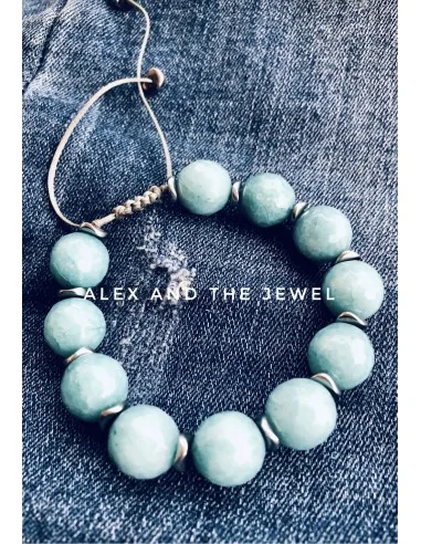 Χειροποίητο βραχιόλι με ημιπολύτιμες πέτρες Αχάτη σε τιρκουάζ ανοικτό και πέτρες αιματίτη σε ασημί Hawaii