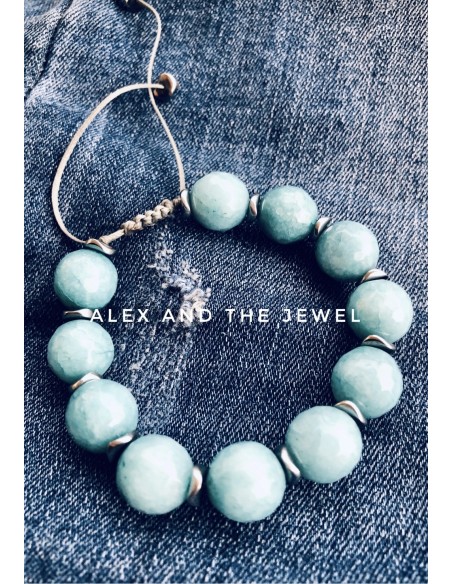 Χειροποίητο βραχιόλι με ημιπολύτιμες πέτρες Αχάτη σε τιρκουάζ ανοικτό και πέτρες αιματίτη σε ασημί Hawaii