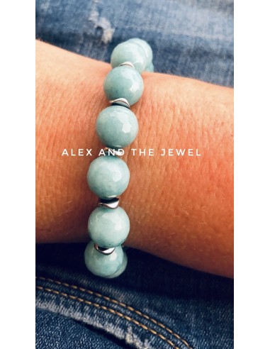 Χειροποίητο βραχιόλι με ημιπολύτιμες πέτρες Αχάτη σε τιρκουάζ ανοικτό και πέτρες αιματίτη σε ασημί Hawaii