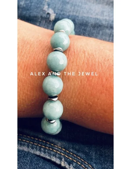 Χειροποίητο βραχιόλι με ημιπολύτιμες πέτρες Αχάτη σε τιρκουάζ ανοικτό και πέτρες αιματίτη σε ασημί Hawaii