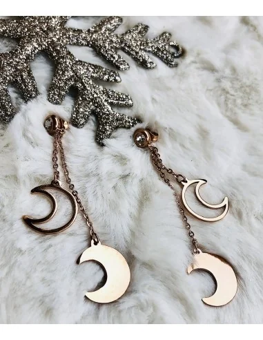 Χειροποίητο γυναικείο κόσμημα κρεμαστά σκουλαρίκια φεγγάρια σε ροζ χρυσό Celestial