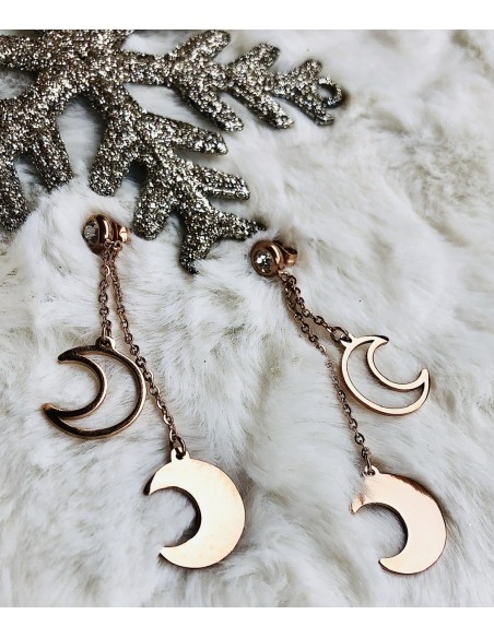 Χειροποίητο γυναικείο κόσμημα κρεμαστά σκουλαρίκια φεγγάρια σε ροζ χρυσό Celestial