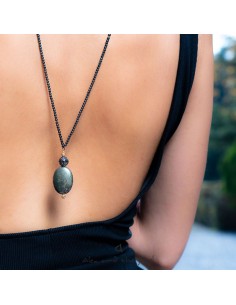 Χειροποίητο γυναικείο κολιέ με κετρικό στοιχείο Σιδυροπυρίτη, πέτρα λάβας και διακοσμητικές μπίλιες στην αλυσίδα Visanto