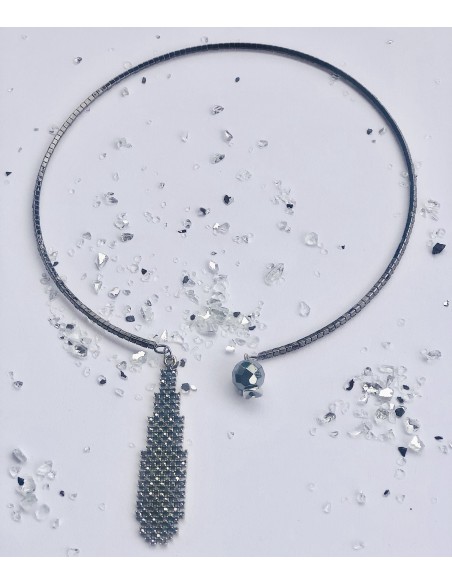 Χειροποίητο γυναικείο κολιέ choker από ατσάλι, κρεμαστή πέτρα Αιματίτη και στοιχείο με στρας Arizona