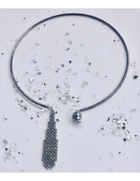 Χειροποίητο γυναικείο κολιέ choker από ατσάλι, κρεμαστή πέτρα Αιματίτη και στοιχείο με στρας Arizona