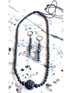 Χειροποίητο γυναικείο κολιέ με κεντρικό στοιχείο μπίλια από πέτρες Μαρκασίτη και πέτρες αιματίτη Driida 2