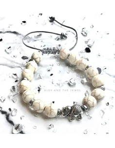 Χειροποίητο γυναικείο βραχιόλι με πέτρες Χαολίτη σε λευκό και στοιχείο ελέφαντας Elephant