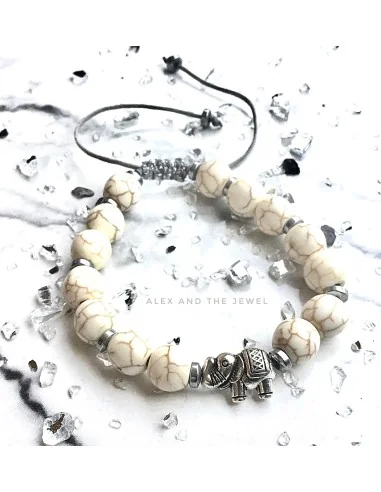 Χειροποίητο γυναικείο βραχιόλι με πέτρες Χαολίτη σε λευκό και στοιχείο ελέφαντας Elephant