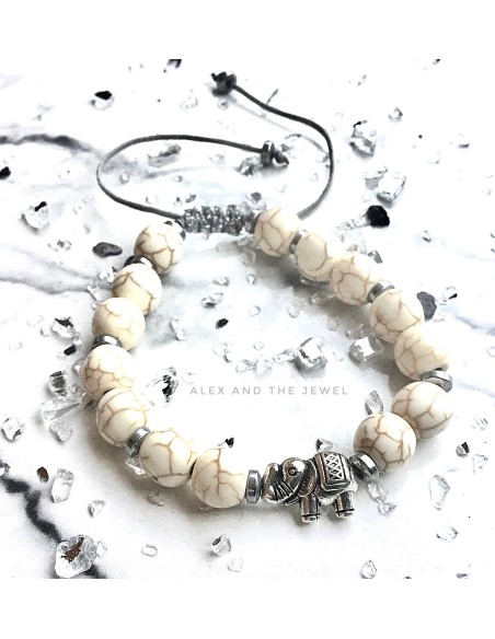 Χειροποίητο γυναικείο βραχιόλι με πέτρες Χαολίτη σε λευκό και στοιχείο ελέφαντας Elephant