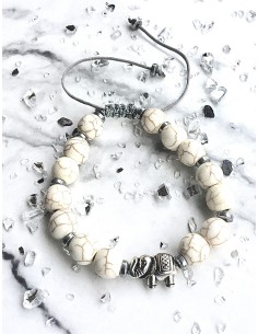 Χειροποίητο γυναικείο βραχιόλι με πέτρες Χαολίτη σε λευκό και στοιχείο ελέφαντας Elephant 2