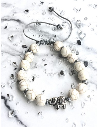 Χειροποίητο γυναικείο βραχιόλι με πέτρες Χαολίτη σε λευκό και στοιχείο ελέφαντας Elephant