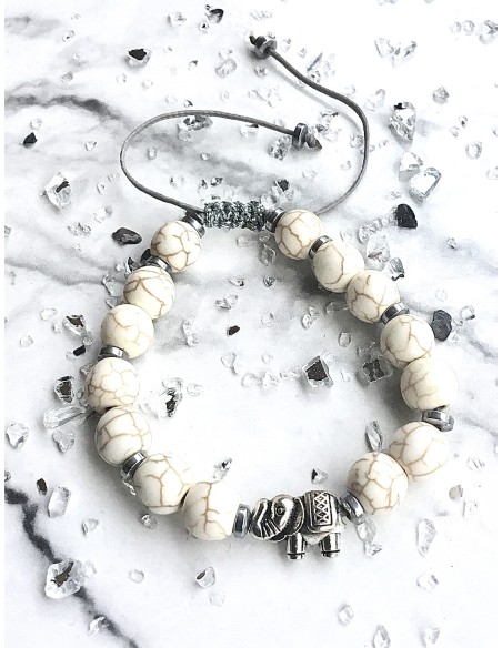 Χειροποίητο γυναικείο βραχιόλι με πέτρες Χαολίτη σε λευκό και στοιχείο ελέφαντας Elephant