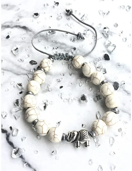 Χειροποίητο γυναικείο βραχιόλι με πέτρες Χαολίτη σε λευκό και στοιχείο ελέφαντας Elephant