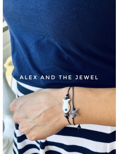 Χειροποίητο βραχιόλι με ασημί ψαράκι και αστερία σε κορδόνι Summer