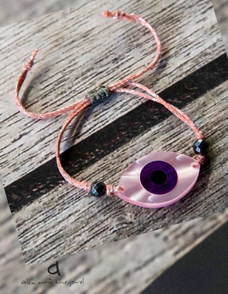 Χειροποίητο κόσμημα βραχιόλι με μάτι σε 4 αποχρώσεις με ημιπολύτιμες πέτρες σε κερωμένο νήμα και αυξομείωση Jodi
