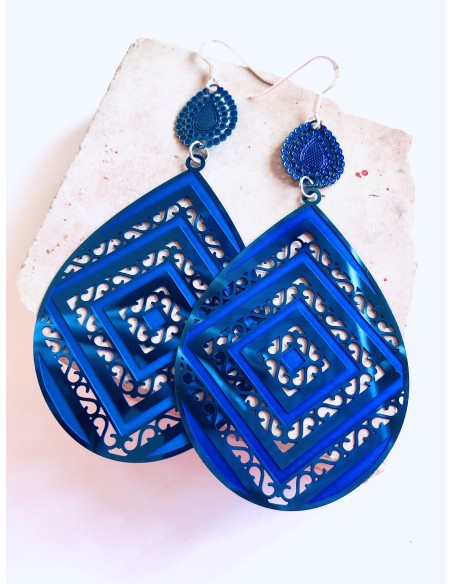 Κόσμημα σκουλαρίκια σε μπλε από ατσάλι σε οβάλ σχήμα με περίτεχνα γεωμετρικά σχέδια και γάντζους από ασήμι 925 Blue lagoon