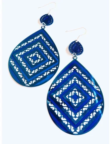 Κόσμημα σκουλαρίκια σε μπλε από ατσάλι σε οβάλ σχήμα με περίτεχνα γεωμετρικά σχέδια και γάντζους από ασήμι 925 Blue lagoon