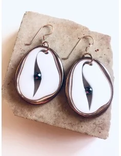 Γυναικεία χειροποίητα σκουλαρίκια μάτι με πέτρα Αιματίτη και πέρλα Τiger eye