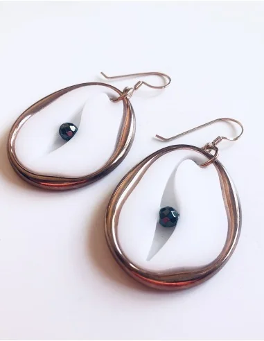 Γυναικεία χειροποίητα σκουλαρίκια μάτι με πέτρα Αιματίτη και πέρλα Τiger eye