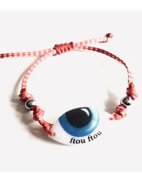 Βραχιόλι μαρτάκι με μάτι σε λευκό και μπλε σε δίχρωμο κορδόνι σε κόκκινο και άσπρο και ατσάλινες μπίλιες Martaki